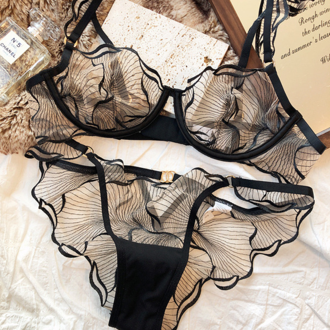 フレンチシアーレース刺繍ブラ&ショーツセット(全3色)0102NA0425:シースルー レース パットなし