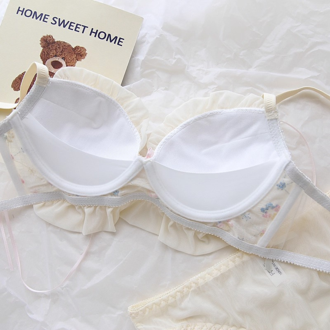 【11/13新作】ベリースイートフラワーブラ&ショーツセット(全2色):半カップ ソフトチュール 丸カップ