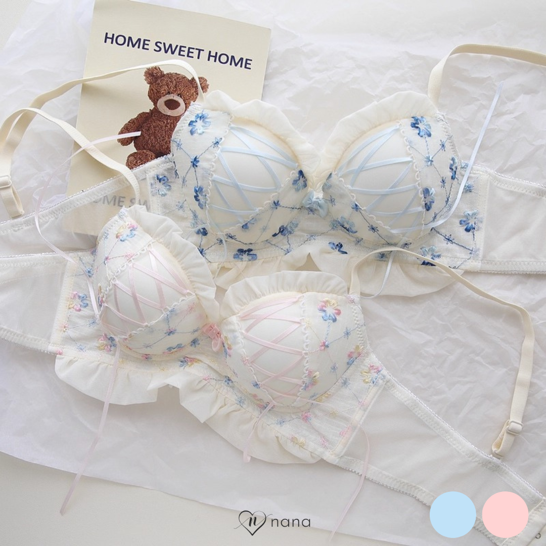 【11/13新作】ベリースイートフラワーブラ＆ショーツセット(全2色):半カップ　ソフトチュール　丸カップ