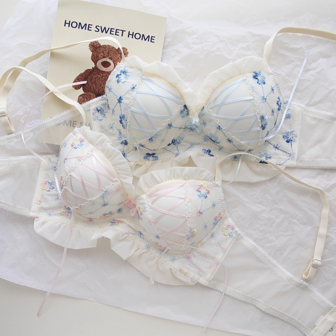 【11/13新作】ベリースイートフラワーブラ＆ショーツセット(全2色):半カップ　ソフトチュール　丸カップ
