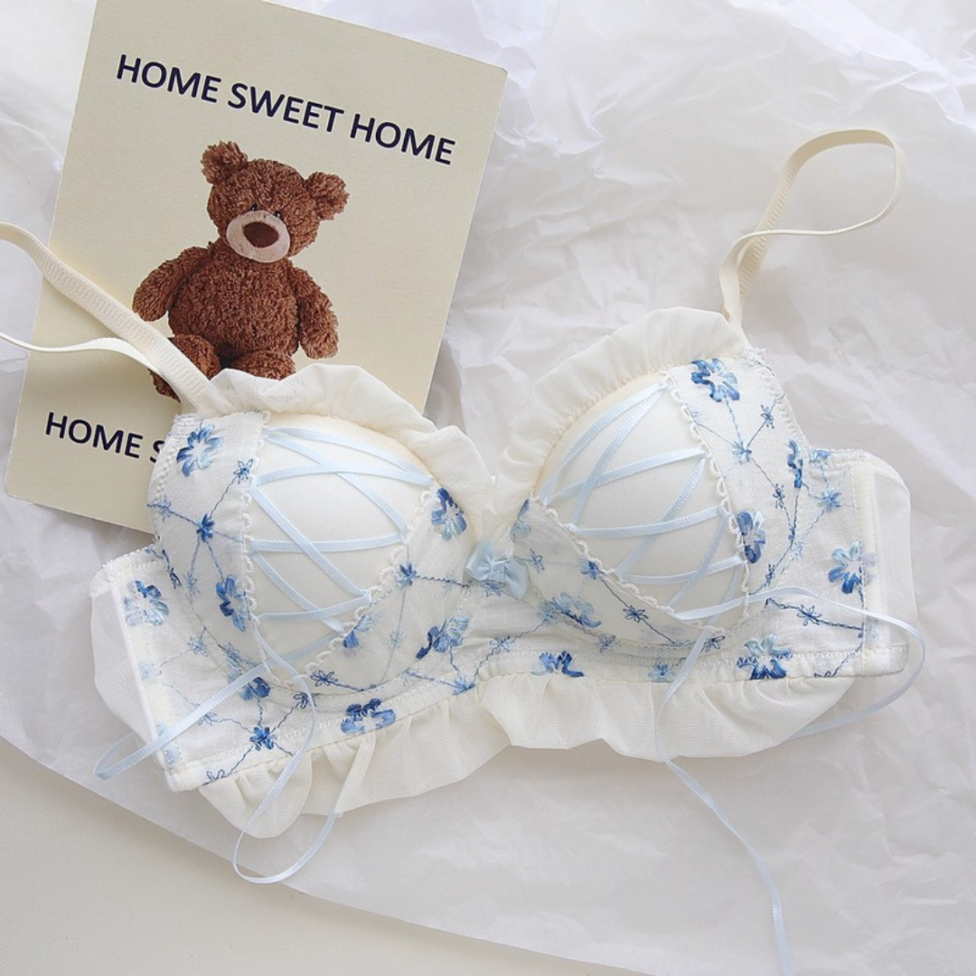 【11/13新作】ベリースイートフラワーブラ＆ショーツセット(全2色):半カップ　ソフトチュール　丸カップ