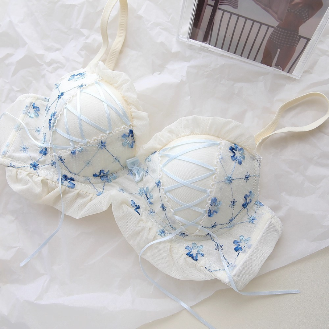 【11/13新作】ベリースイートフラワーブラ＆ショーツセット(全2色):半カップ　ソフトチュール　丸カップ