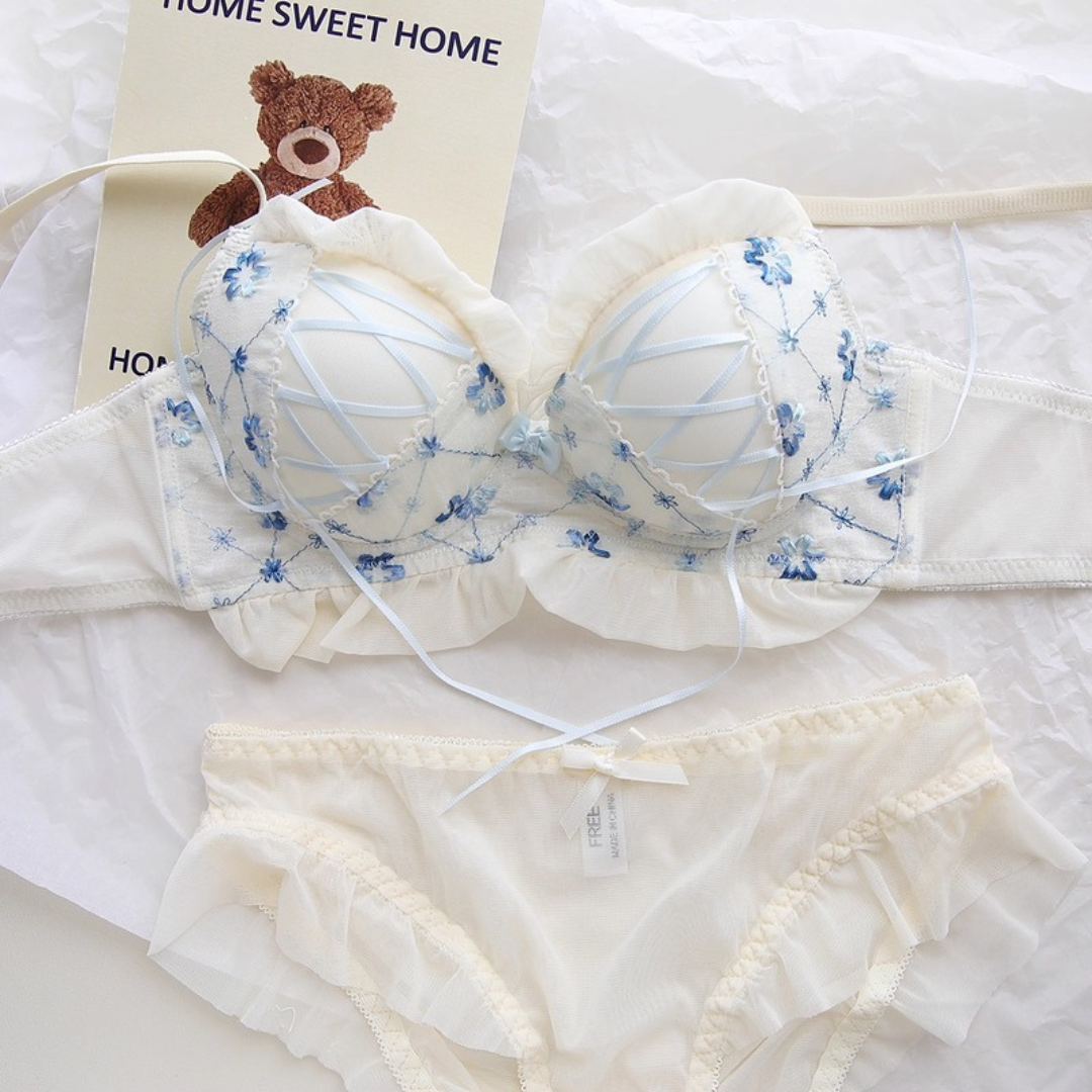 【11/13新作】ベリースイートフラワーブラ＆ショーツセット(全2色):半カップ　ソフトチュール　丸カップ