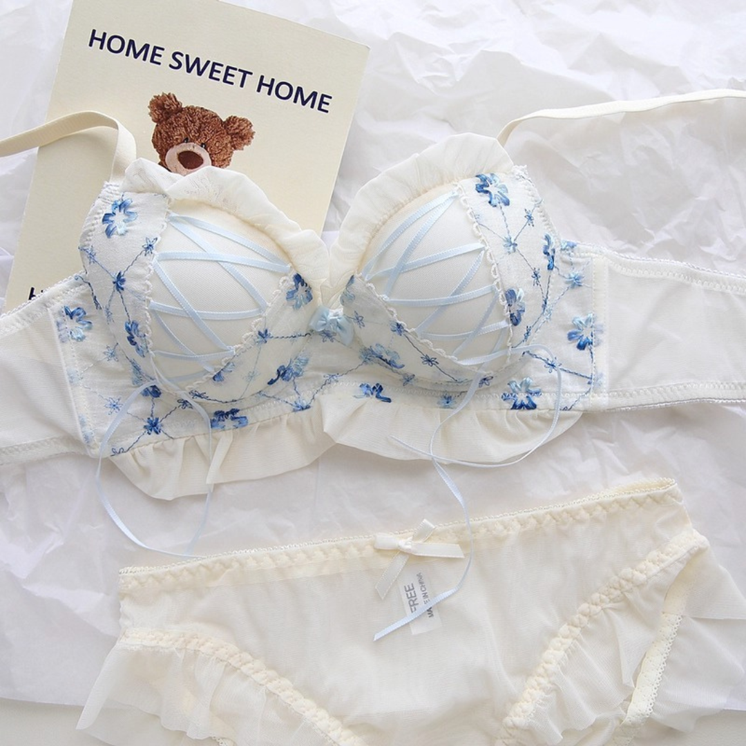 【11/13新作】ベリースイートフラワーブラ＆ショーツセット(全2色):半カップ　ソフトチュール　丸カップ