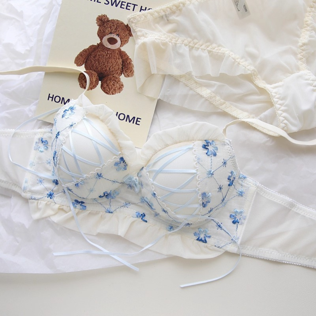 【11/13新作】ベリースイートフラワーブラ＆ショーツセット(全2色):半カップ　ソフトチュール　丸カップ