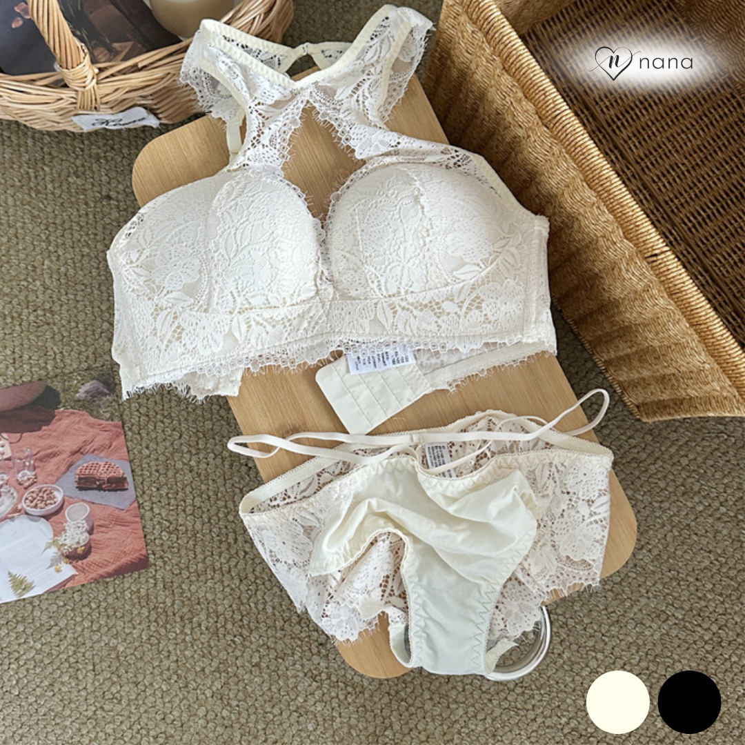 【2/20新作】フレンチレース ホルターネックブラ＆ショーツセット(全2色)0105NA0225:　レース　ホルターネック　パット有