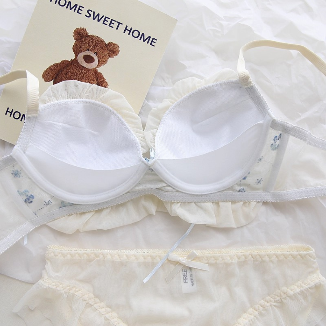 【11/13新作】ベリースイートフラワーブラ＆ショーツセット(全2色):半カップ　ソフトチュール　丸カップ