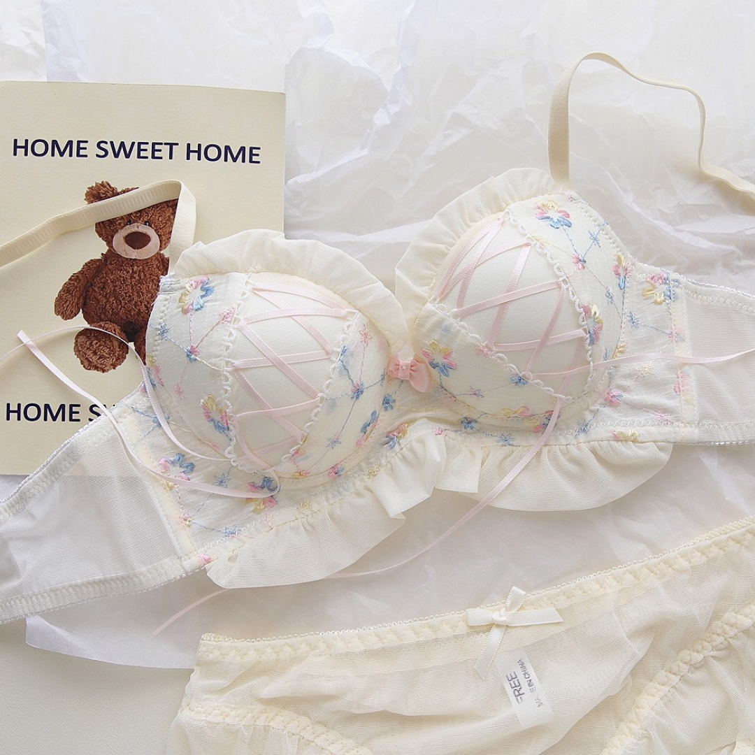 【11/13新作】ベリースイートフラワーブラ＆ショーツセット(全2色):半カップ　ソフトチュール　丸カップ