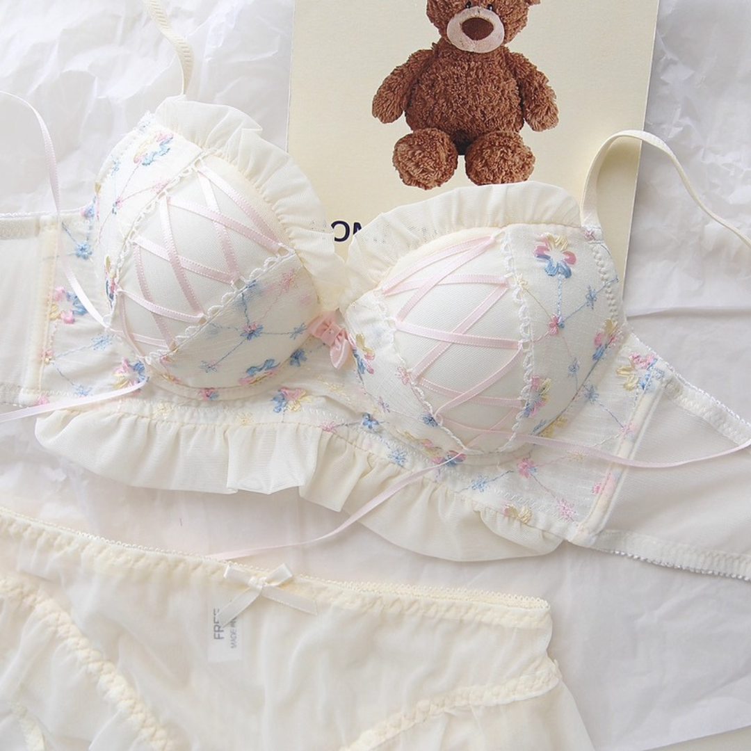 【11/13新作】ベリースイートフラワーブラ＆ショーツセット(全2色):半カップ　ソフトチュール　丸カップ
