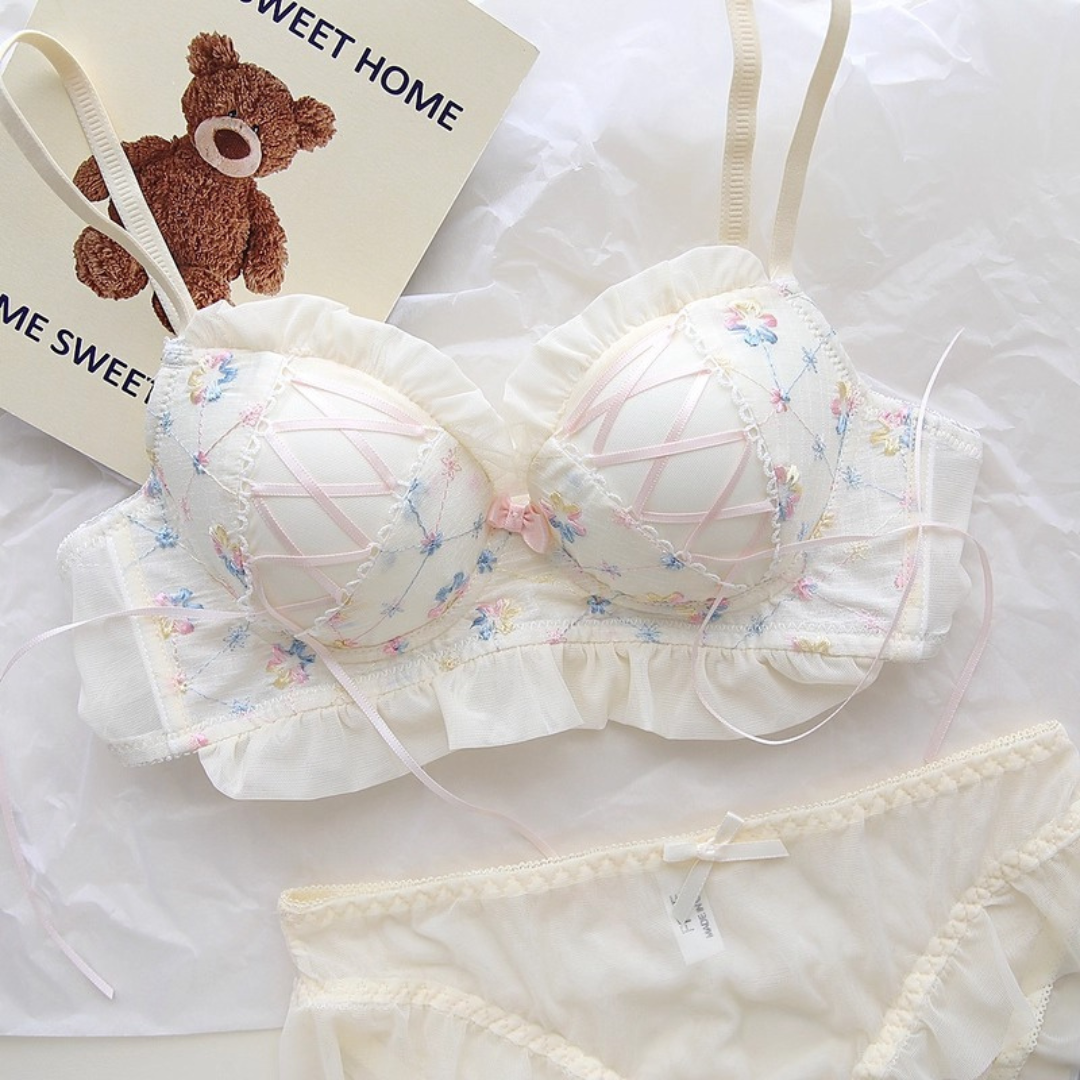 【11/13新作】ベリースイートフラワーブラ＆ショーツセット(全2色):半カップ　ソフトチュール　丸カップ