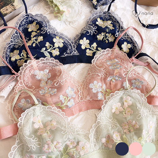 【3/20新作】フラワー刺繍レースブラレット&ショーツセット(全3色) 0206NA0325:刺繍　レース　ナイトブラ