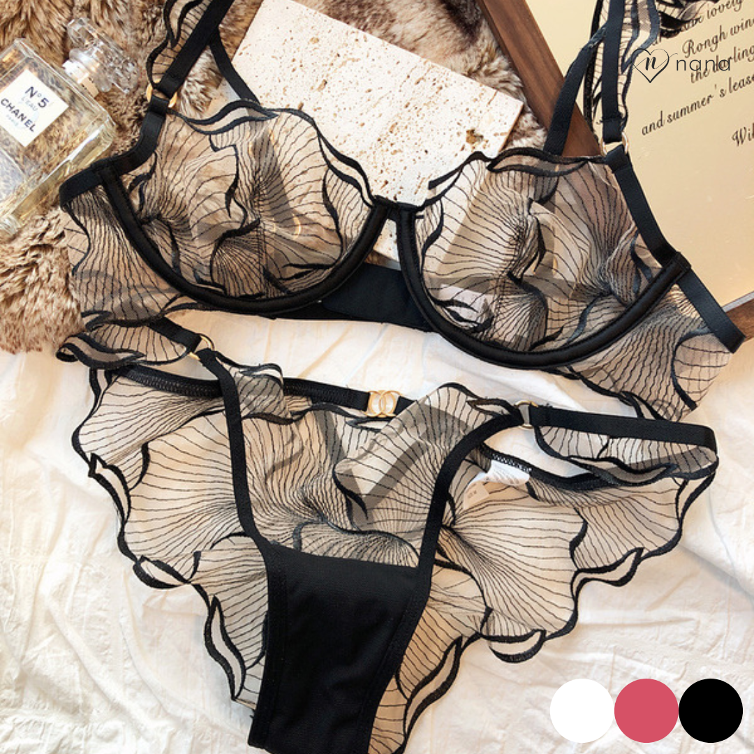 フレンチシアーレース刺繍ブラ&ショーツセット(全3色)0102NA0425:シースルー　レース　パットなし　